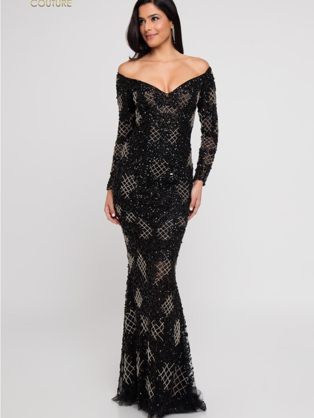 Off-Shoulder Black Sequin Evening Gown